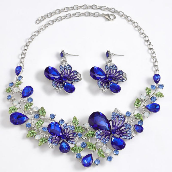 Fashion Blue Alloy Diamond Flower Earrings And Necklace Set
