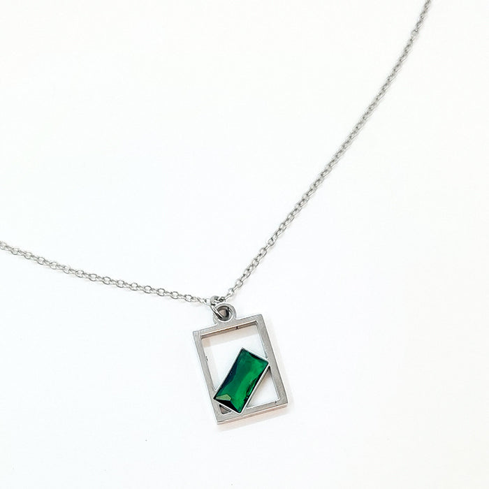 Fashion Green Titanium Steel Diamond Square Necklace
