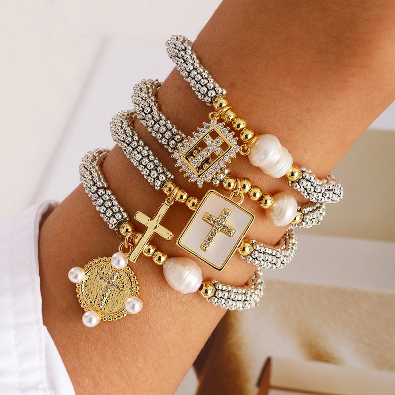 Silver 1 Copper And Zircon Square Cross Freshwater Pearl Beaded Bracelet