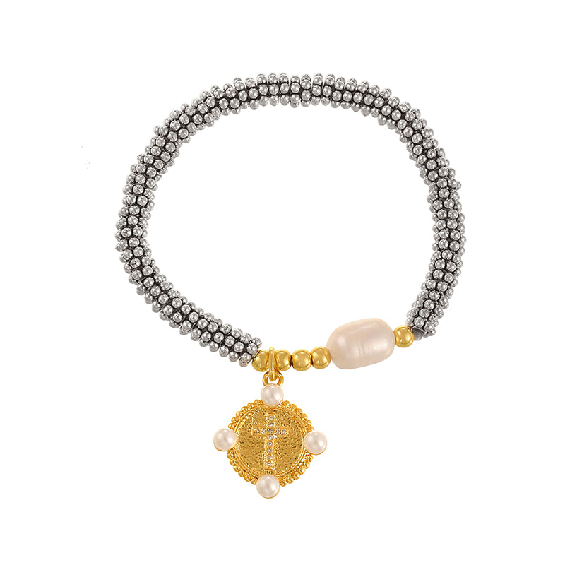 Silver 1 Copper And Zircon Square Cross Freshwater Pearl Beaded Bracelet