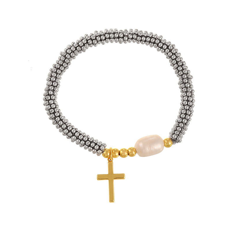 Silver 1 Copper And Zircon Square Cross Freshwater Pearl Beaded Bracelet