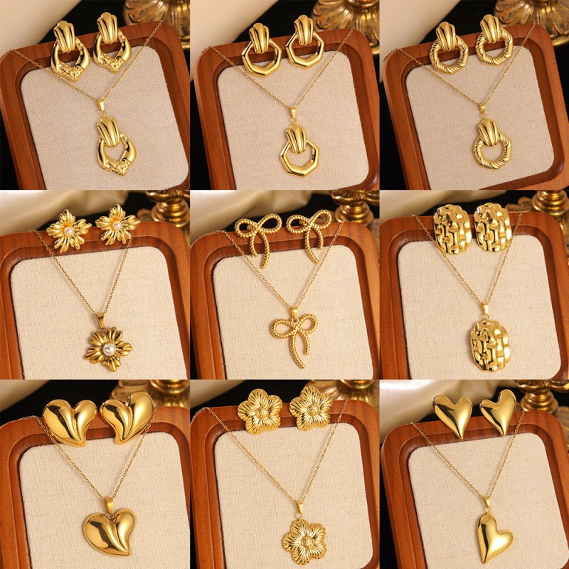 Set 1# Stainless Steel Flower Necklace Earring Set