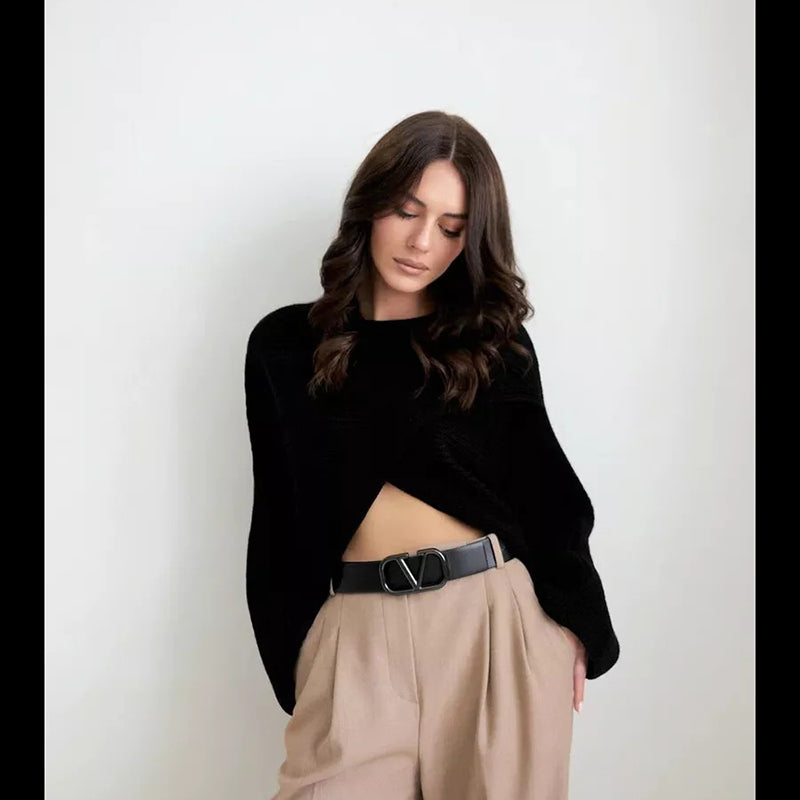 White Navel-exposed Bat-knitted Boat Neck Irregular Sweater