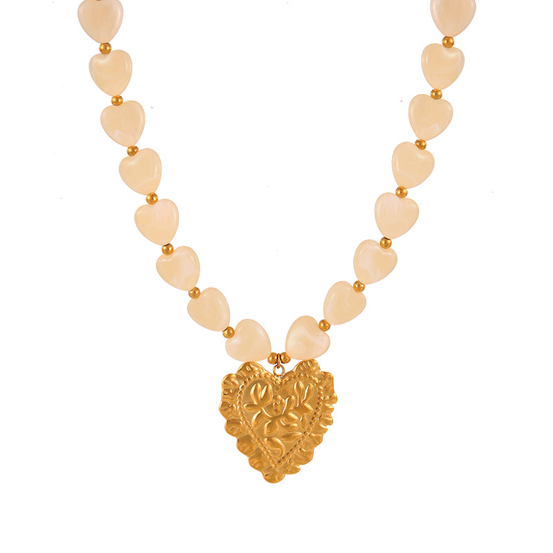 Leather Pink Heart Glass Flower Titanium Steel Beaded Necklace