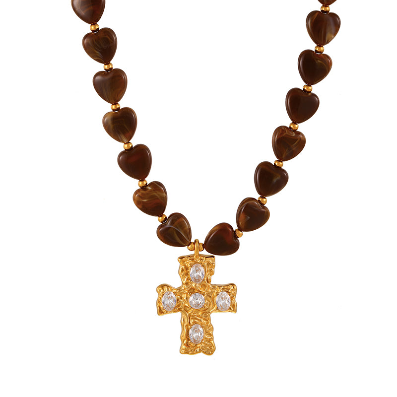 Leather Pink Heart Glass Flower Titanium Steel Beaded Necklace