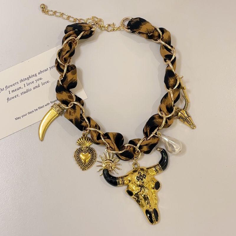 Black Alloy Heart Bull Head Silk Scarf Necklace