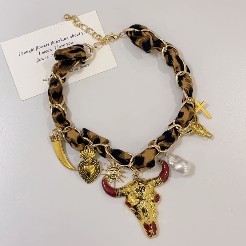 Black Alloy Heart Bull Head Silk Scarf Necklace