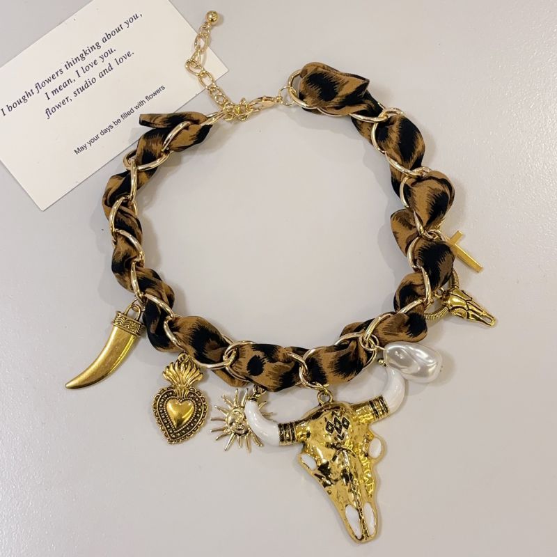 Black Alloy Heart Bull Head Silk Scarf Necklace