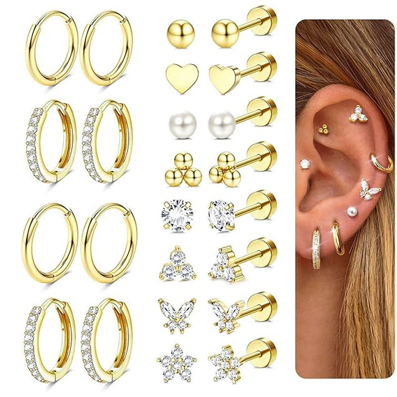 Silver 12 Pairs Per Set Stainless Steel Pearl Heart-shaped Rhinestone Butterfly And Flower Earring Set