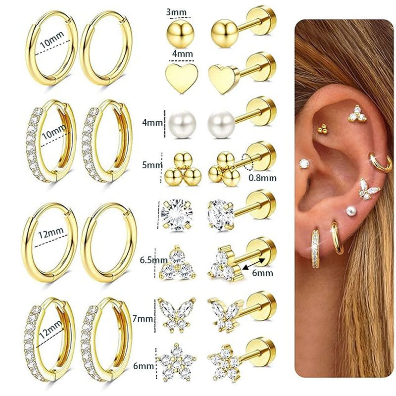 Silver 12 Pairs Per Set Stainless Steel Pearl Heart-shaped Rhinestone Butterfly And Flower Earring Set