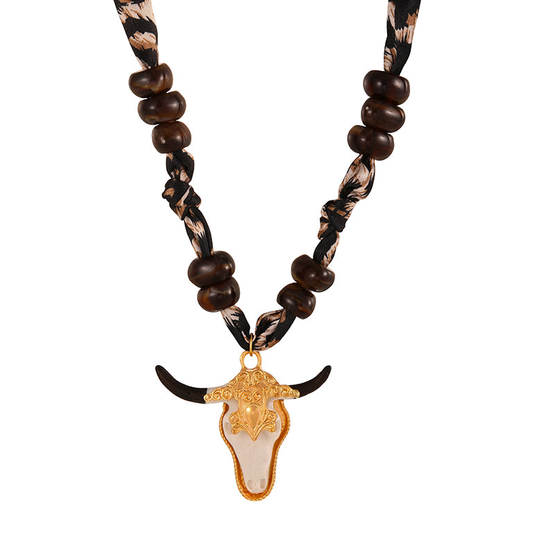 Dark Brown Alloy Bull Head Fabric Beaded Necklace