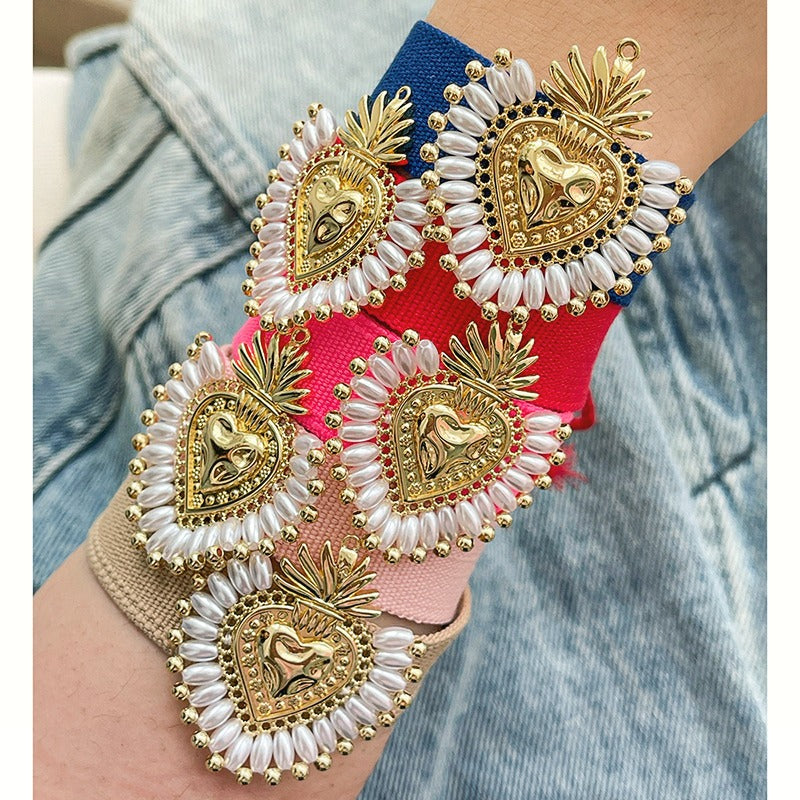 Red Copper Heart Beaded Pearl Braided Tassel Bracelet