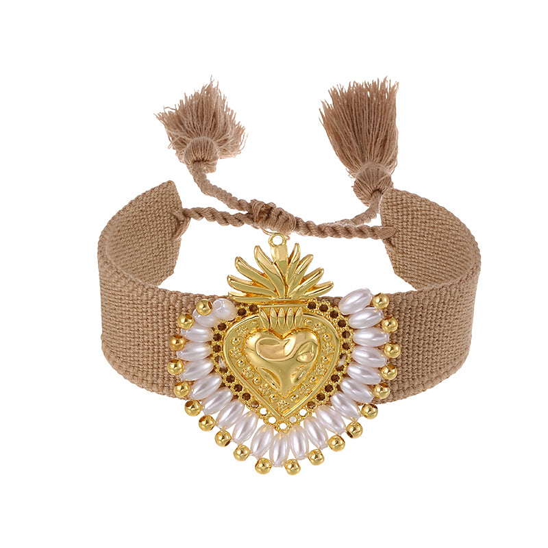 Red Copper Heart Beaded Pearl Braided Tassel Bracelet