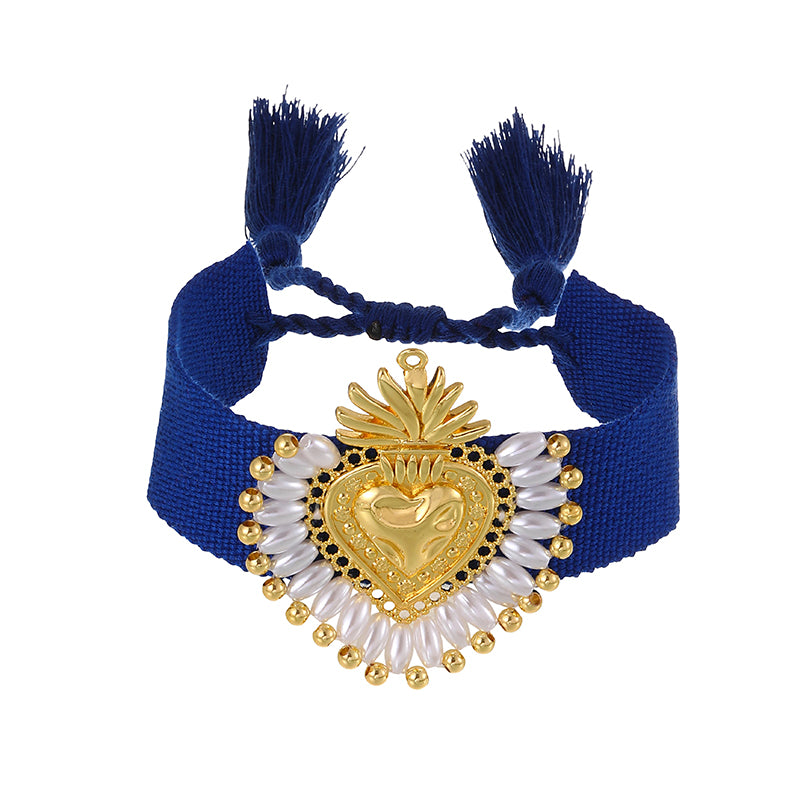 Red Copper Heart Beaded Pearl Braided Tassel Bracelet