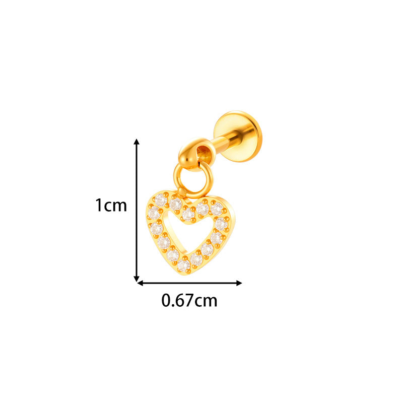 1#gold G23/f136 Titanium Alloy Diamond-encrusted Heart-shaped Flat Lip Stud