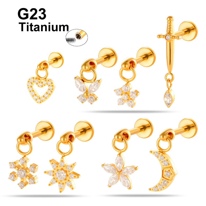 1#gold G23/f136 Titanium Alloy Diamond-encrusted Heart-shaped Flat Lip Stud
