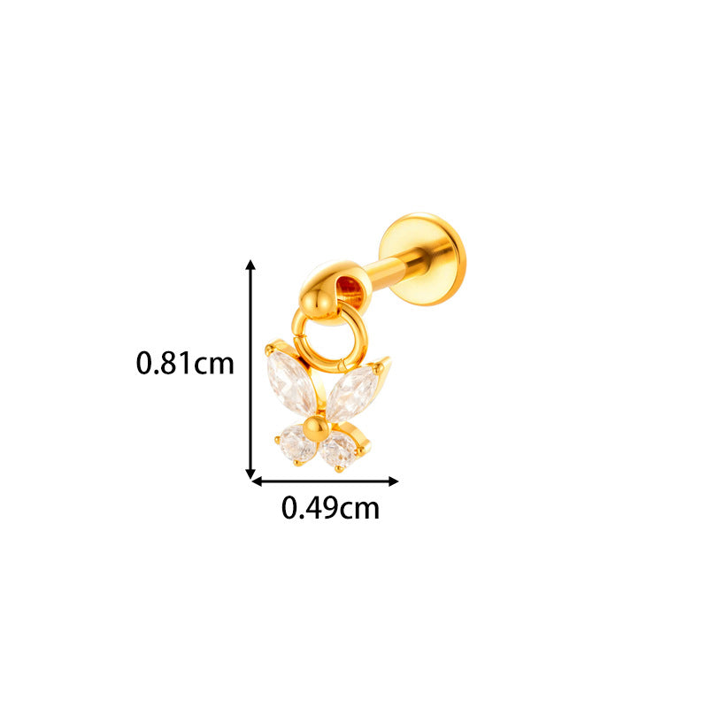 1#gold G23/f136 Titanium Alloy Diamond-encrusted Heart-shaped Flat Lip Stud