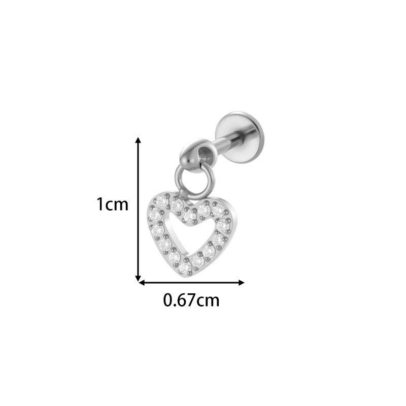1#gold G23/f136 Titanium Alloy Diamond-encrusted Heart-shaped Flat Lip Stud