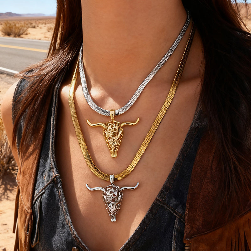 Gold And Silver 1 Titanium Steel Openwork Bull's Head Snake Bone Chain Necklace