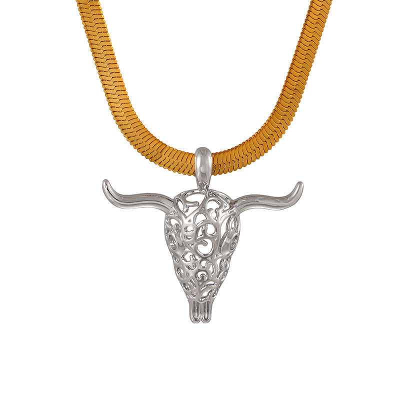Gold And Silver 1 Titanium Steel Openwork Bull's Head Snake Bone Chain Necklace