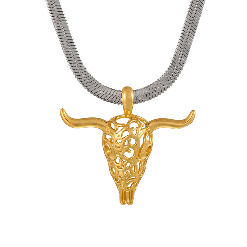 Gold And Silver 1 Titanium Steel Openwork Bull's Head Snake Bone Chain Necklace