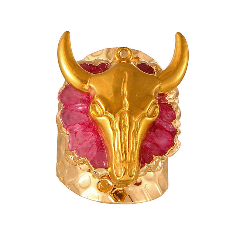 Rose Red Irregular Natural Stone Titanium Steel Bull Head Ring