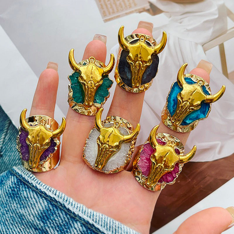 Rose Red Irregular Natural Stone Titanium Steel Bull Head Ring