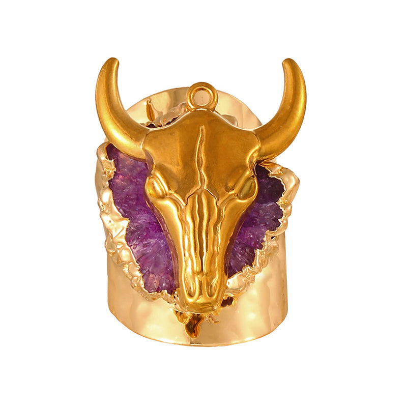 Rose Red Irregular Natural Stone Titanium Steel Bull Head Ring