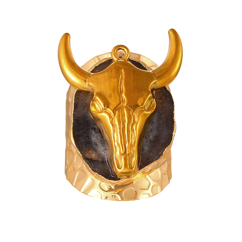 Rose Red Irregular Natural Stone Titanium Steel Bull Head Ring