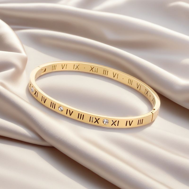 Silver Titanium Steel Diamond-encrusted Roman Numeral Bracelet