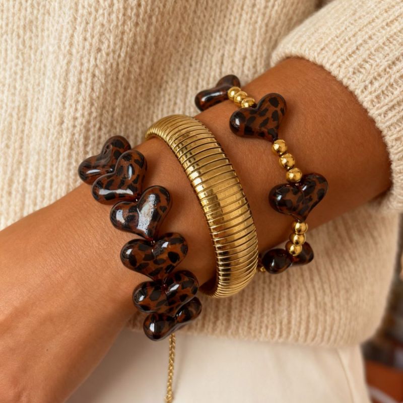 Heart-shaped Beaded Bracelet Stainless Steel Leopard Print Heart Bracelet