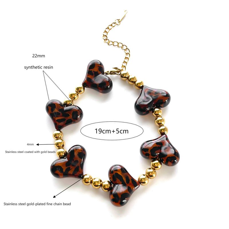 Heart-shaped Beaded Bracelet Stainless Steel Leopard Print Heart Bracelet