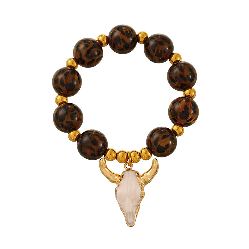 White Bull Head Beaded Leopard Print Bracelet