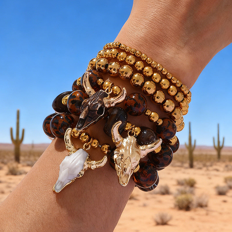 White Bull Head Beaded Leopard Print Bracelet