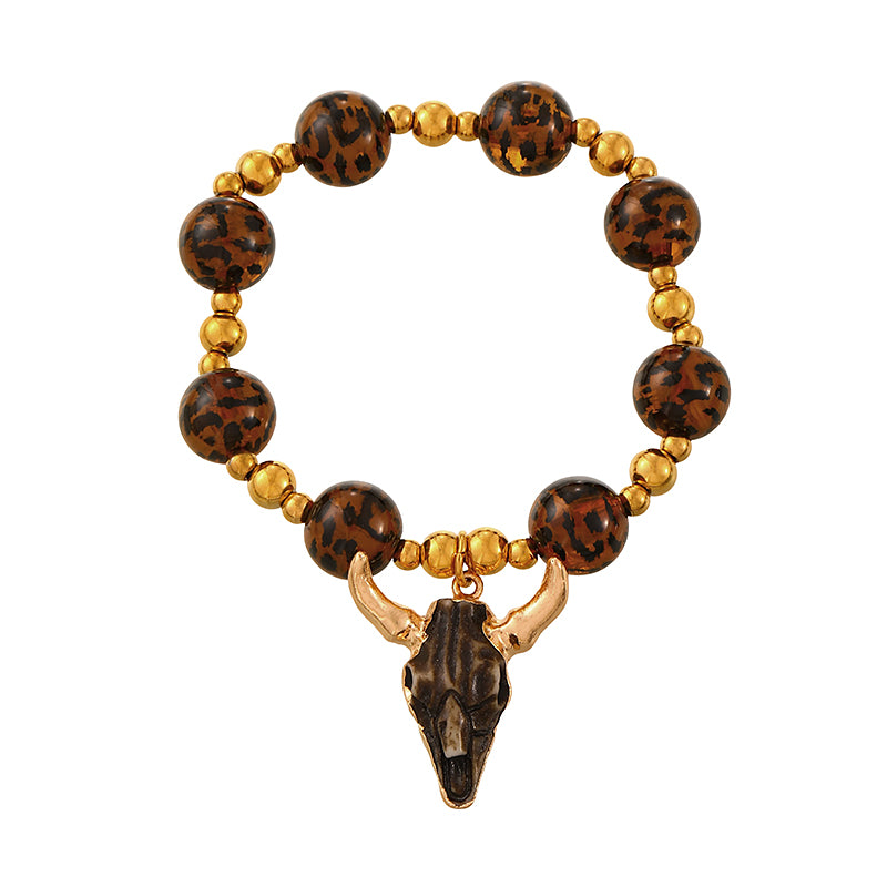 White Bull Head Beaded Leopard Print Bracelet