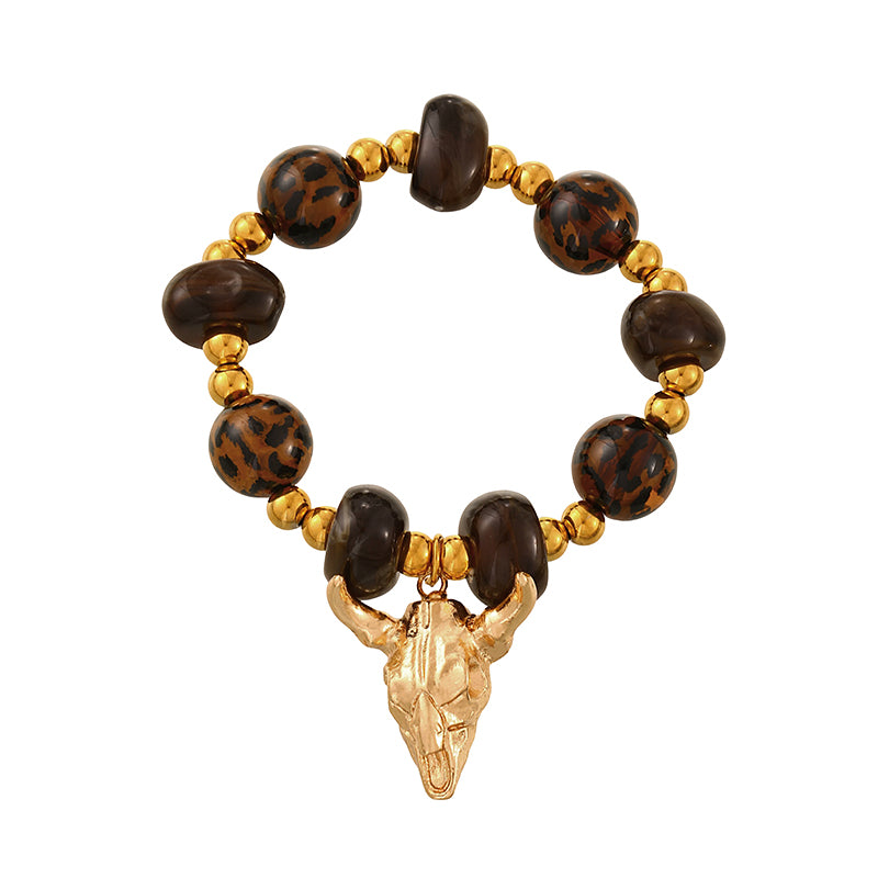 White Bull Head Beaded Leopard Print Bracelet