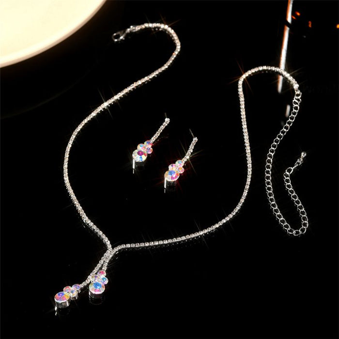 Fashion Silver Geometric Diamond Earrings And Necklace Set